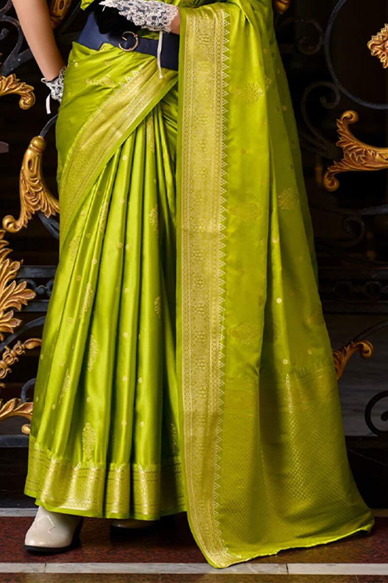 Comely Green Banarasi Satin Silk Saree With Enticing Blouse