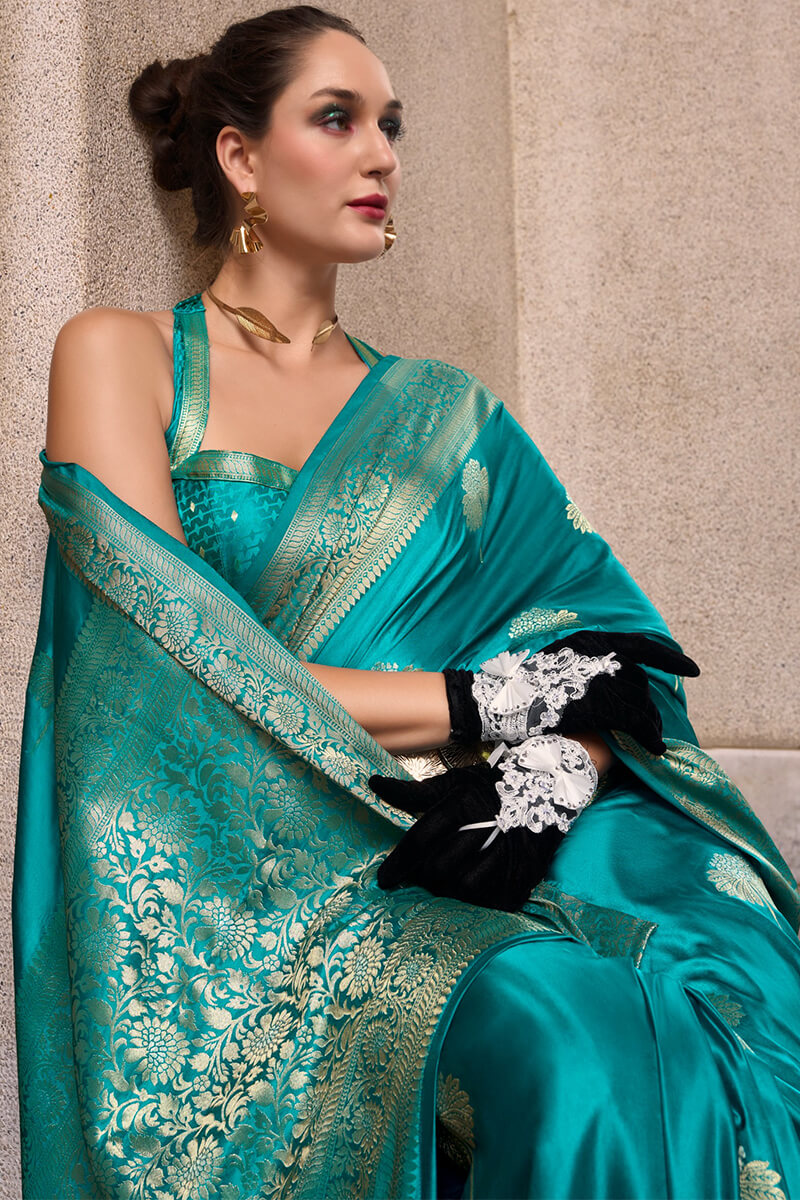 Demesne Firozi Banarasi Satin Silk Saree With Murmurous Blouse