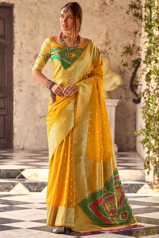 Inspiring Yellow Soft Banarasi Silk Saree With Admirable Blouse Piece