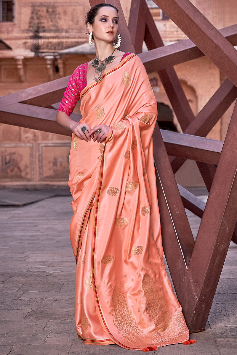 Lagniappe Peach Soft Banarasi Silk Saree With Lissome Blouse Piece