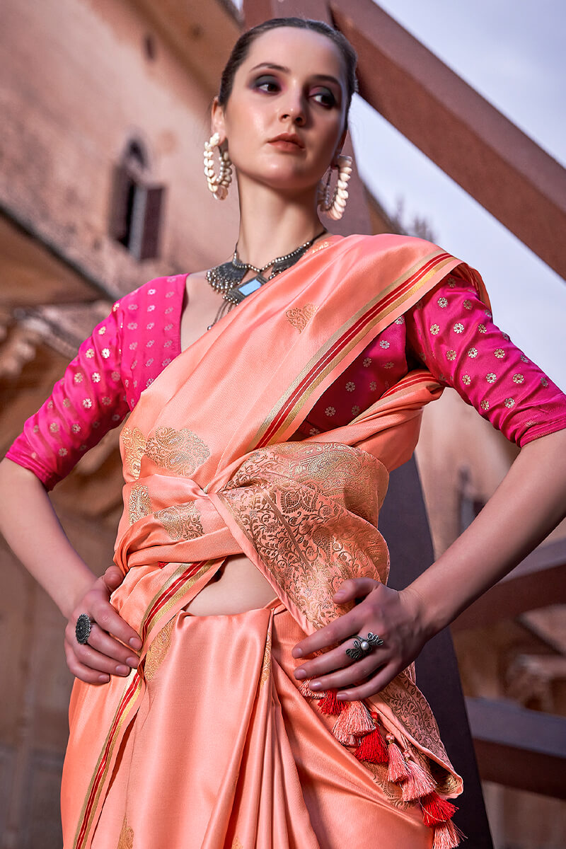 Lagniappe Peach Soft Banarasi Silk Saree With Lissome Blouse Piece