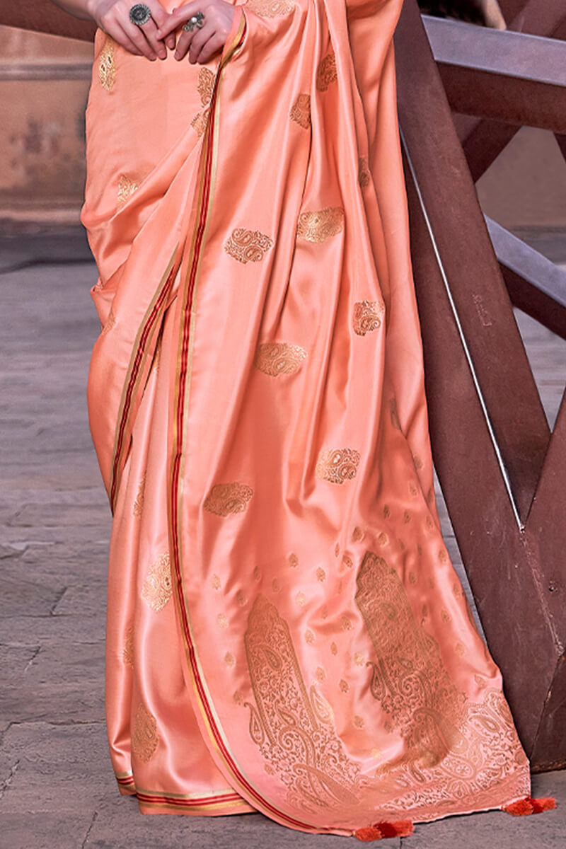 Lagniappe Peach Soft Banarasi Silk Saree With Lissome Blouse Piece