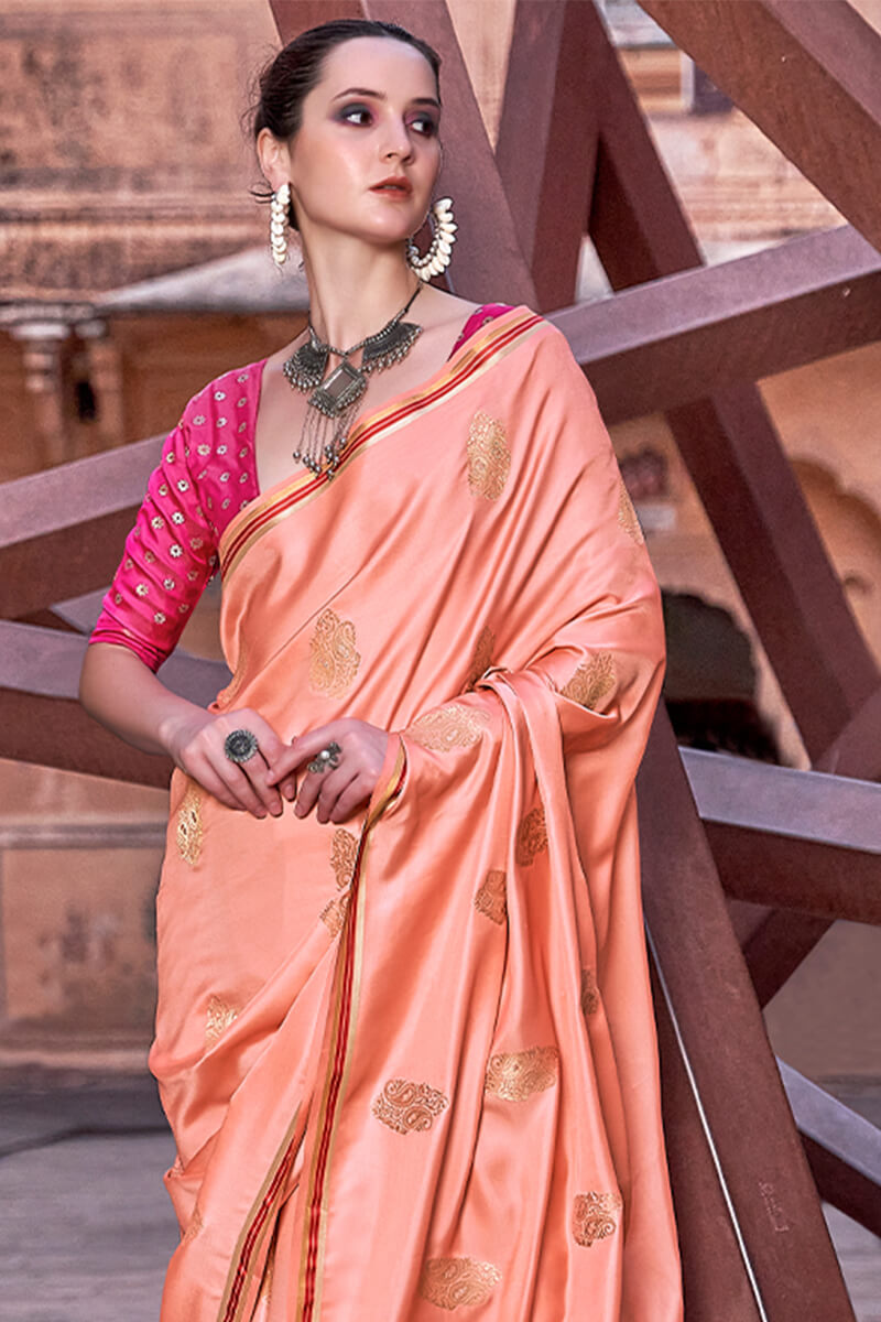 Lagniappe Peach Soft Banarasi Silk Saree With Lissome Blouse Piece