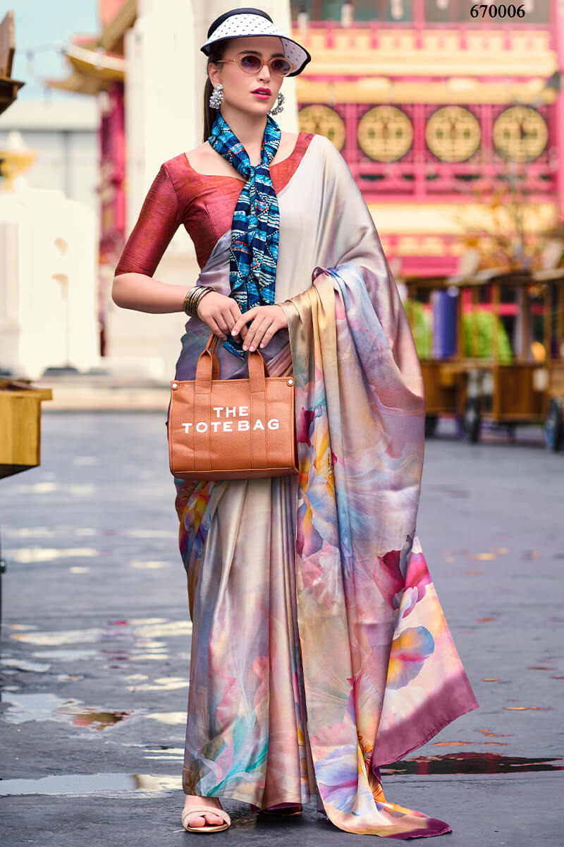 Beauteous Grey Digital Printed Satin Silk Saree With Demesne Blouse Piece