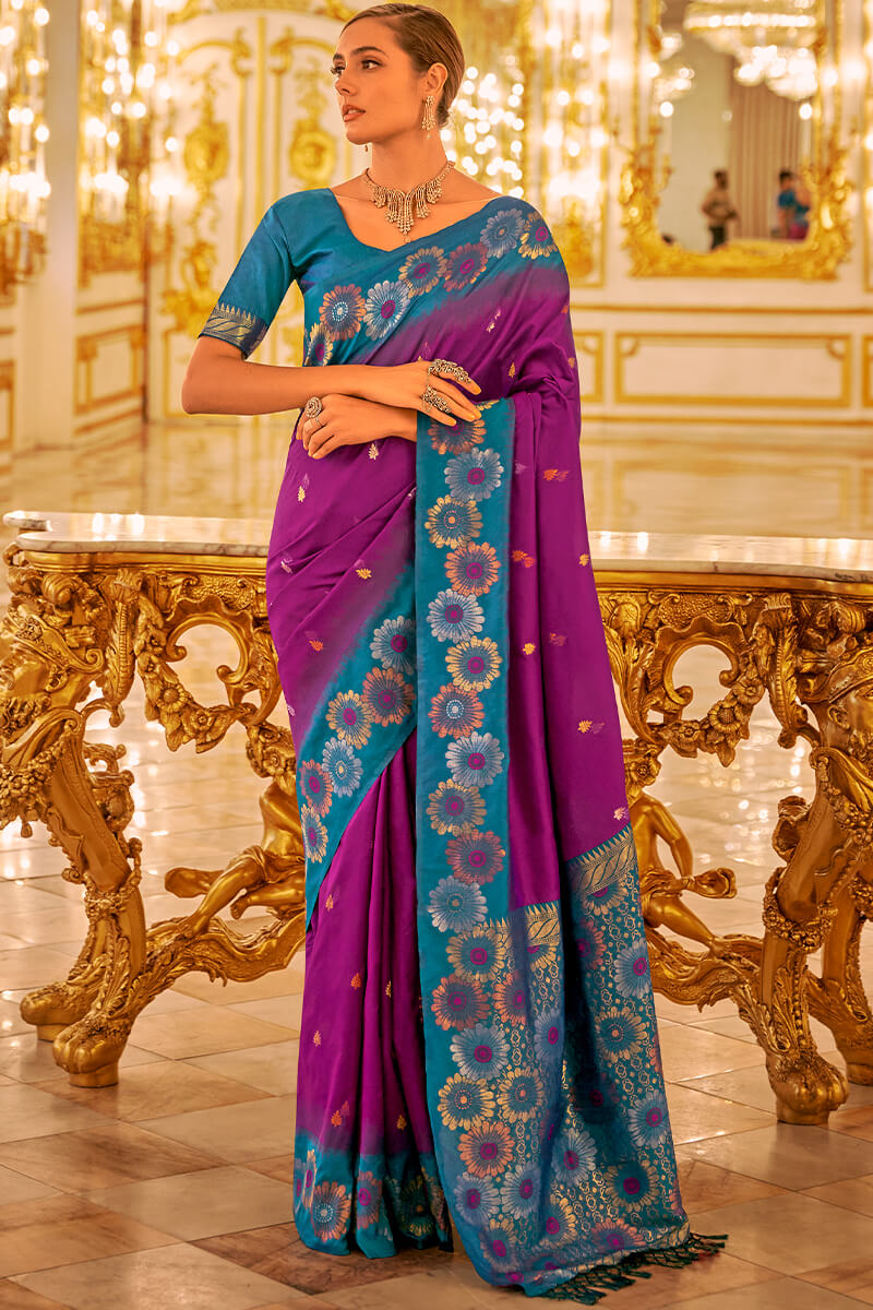 Ideal Purple Soft Banarasi Silk Saree With Twirling Blouse Piece