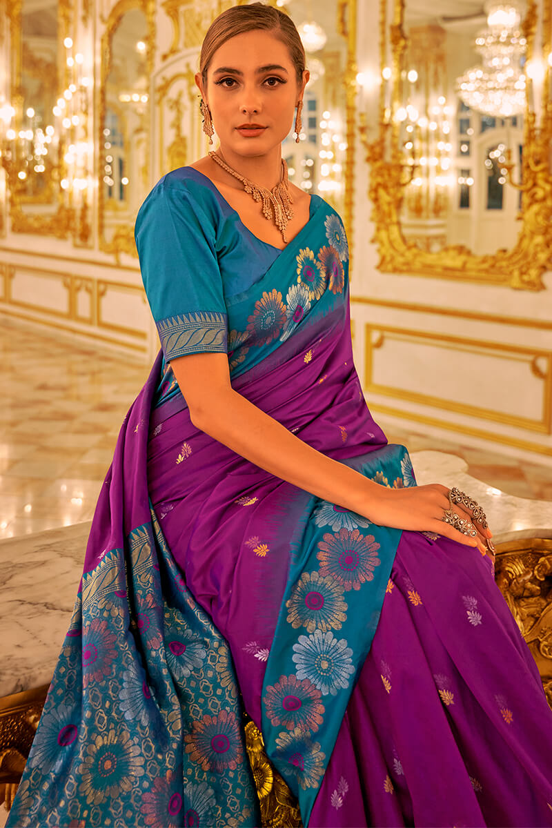 Ideal Purple Soft Banarasi Silk Saree With Twirling Blouse Piece