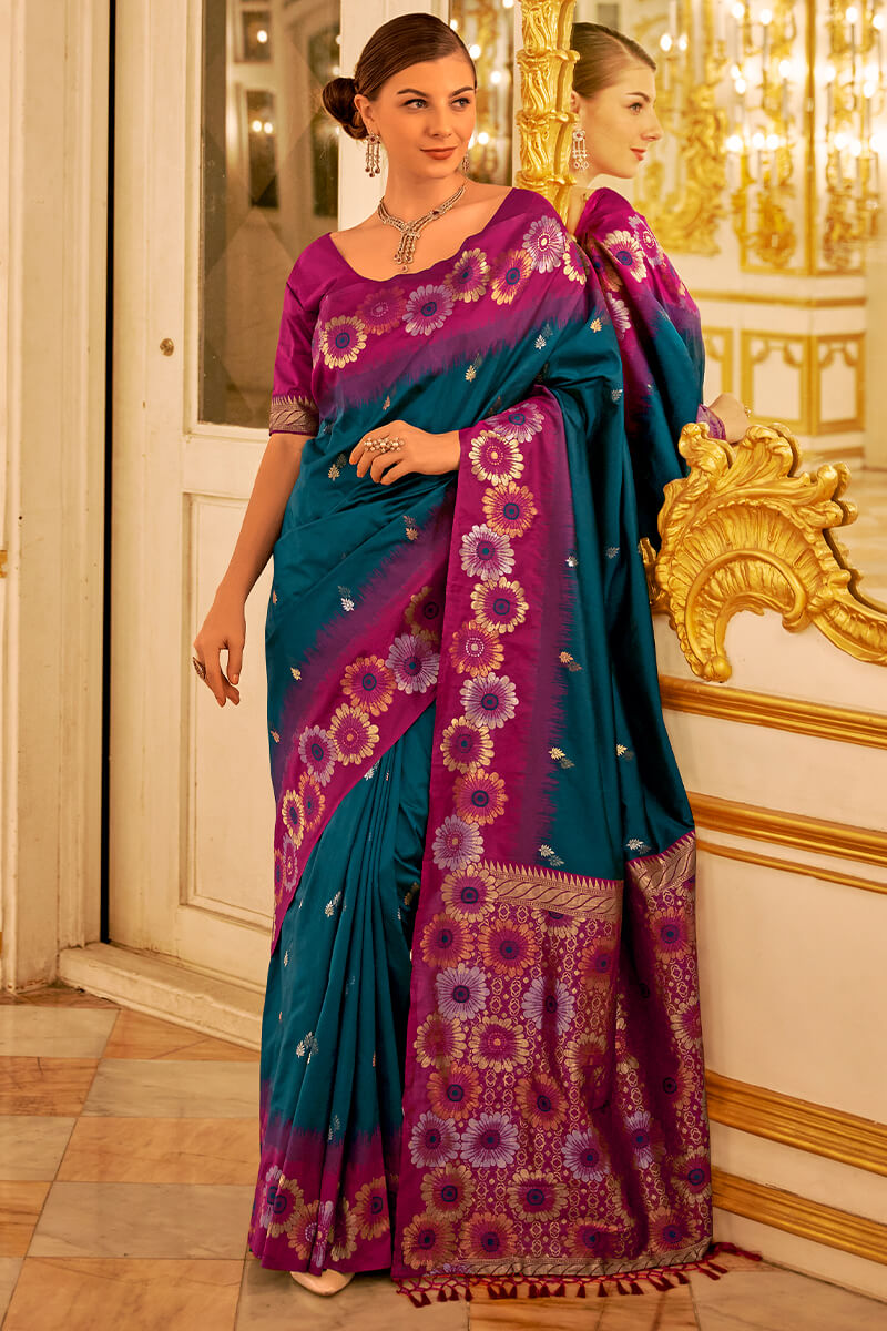 Elegant Rama Soft Banarasi Silk Saree With Gratifying Blouse Piece