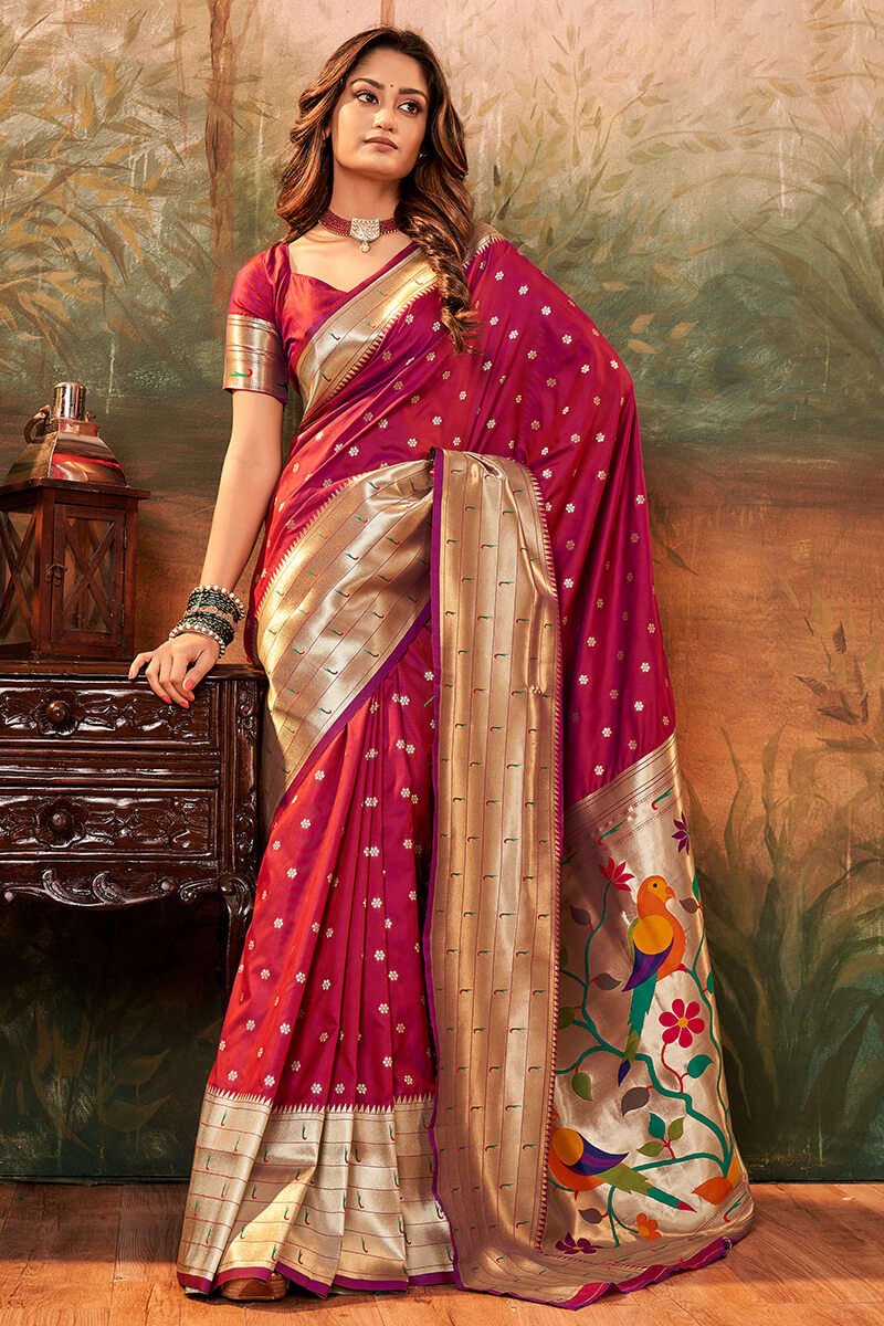 Ailurophile Wine Paithani Silk Saree With Embrocation Blouse Piece