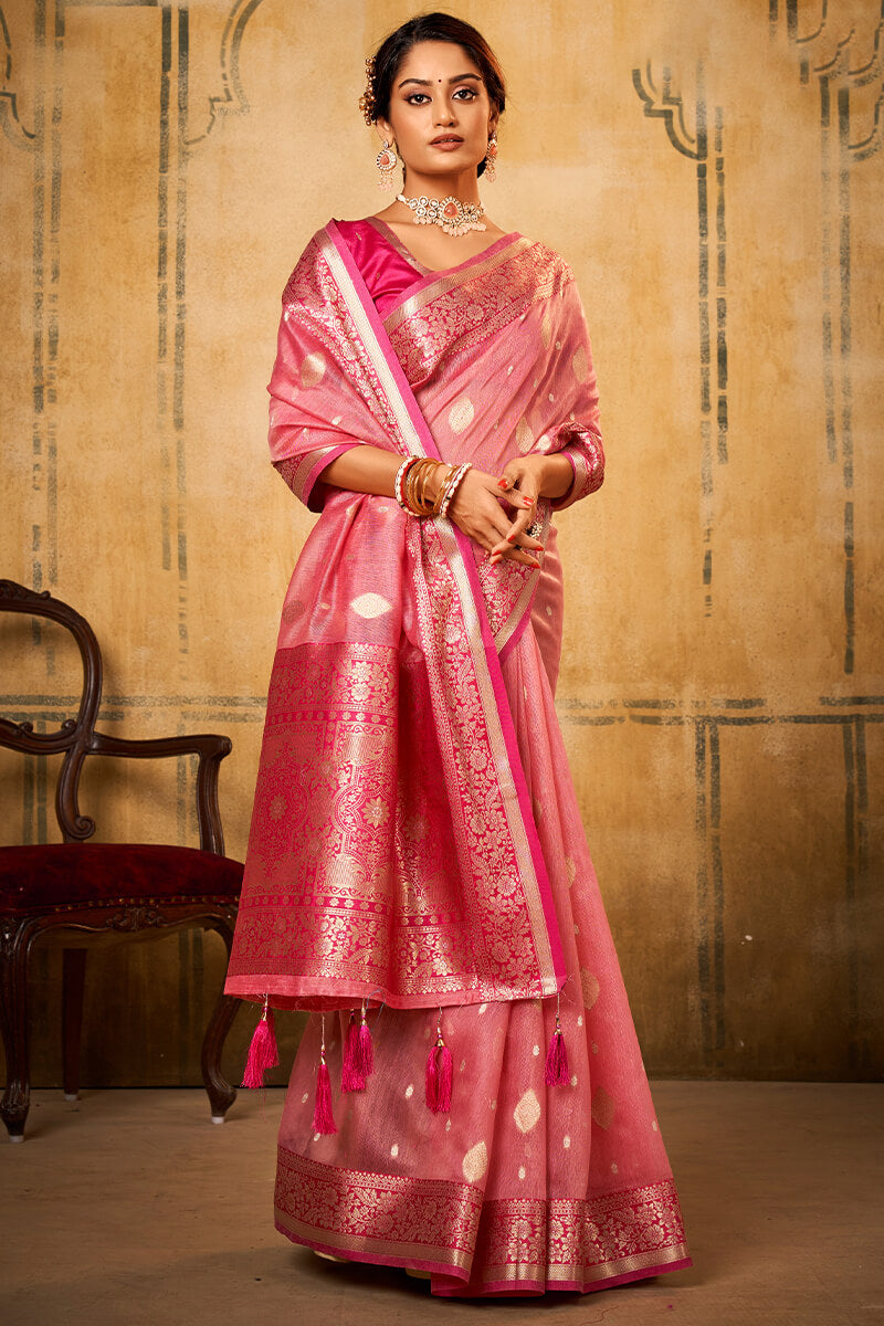 Dazzling Pink Soft Banarasi Silk Saree With Designer Blouse Piece