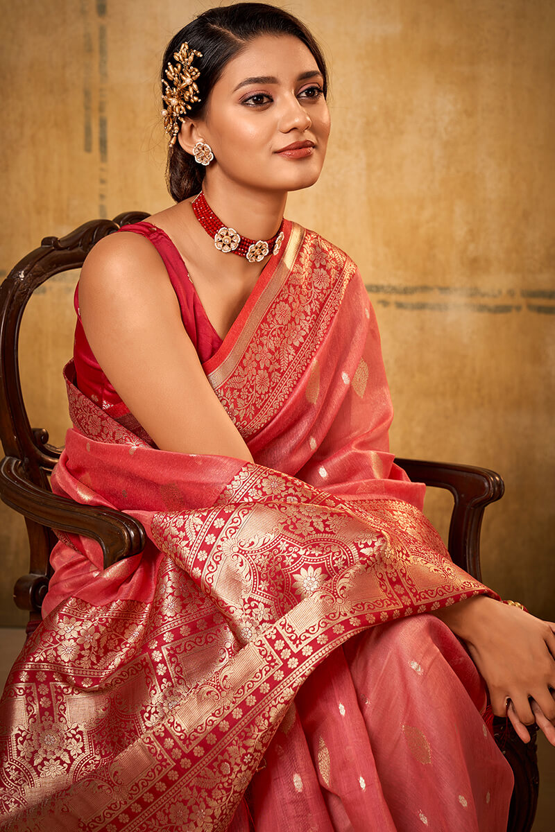 Beautiful Tomato Soft Banarasi Silk Saree With Mesmerising Blouse Piece