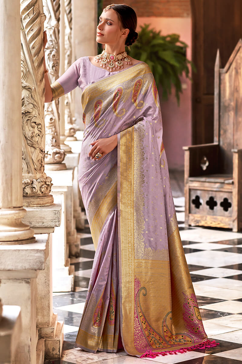 Gratifying Lavender Soft Banarasi Silk Saree With Staring Blouse Piece