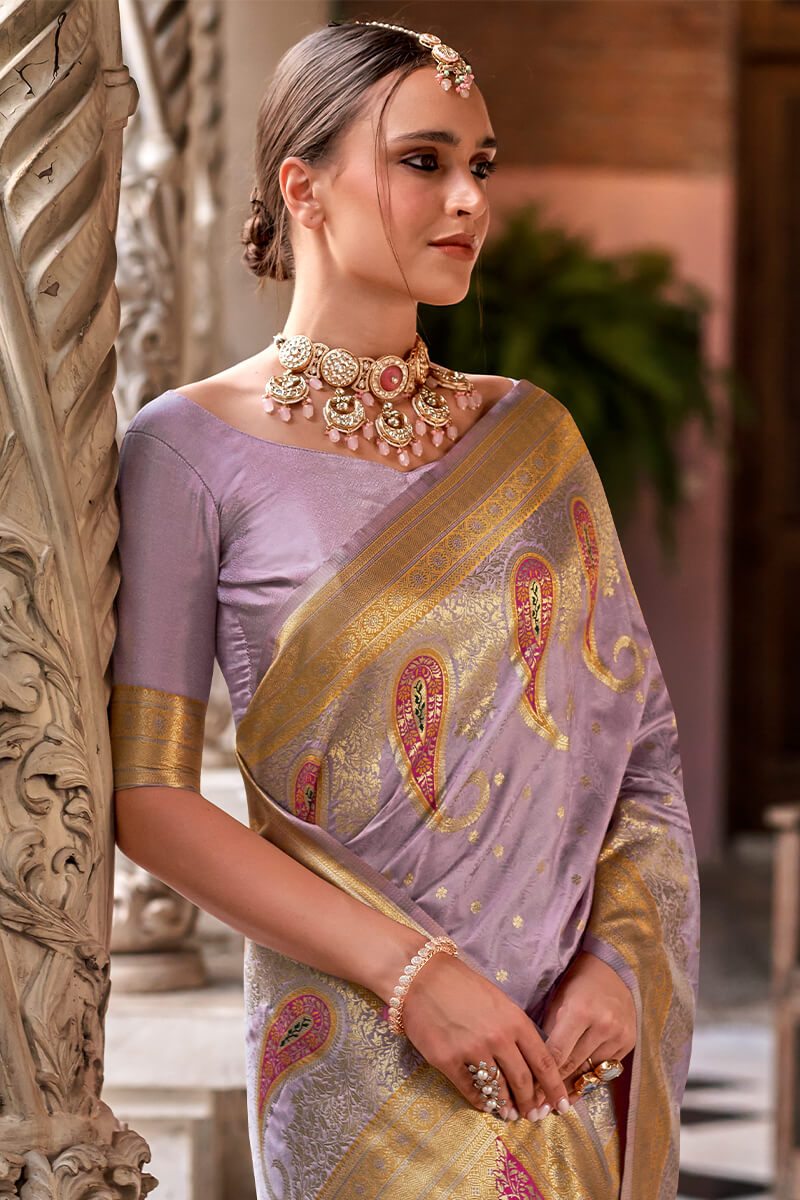 Gratifying Lavender Soft Banarasi Silk Saree With Staring Blouse Piece