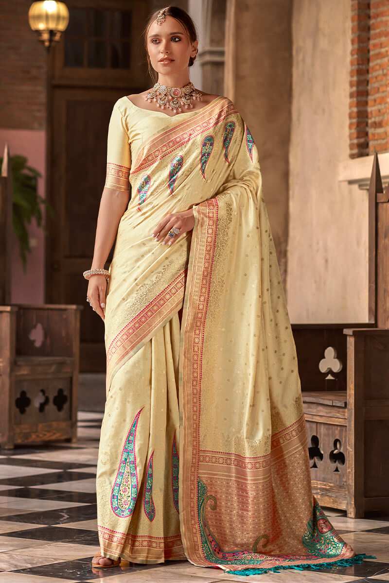 Girlish Beige Soft Banarasi Silk Saree With Beautiful Blouse Piece