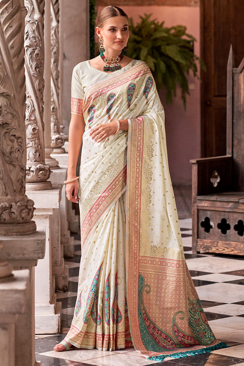 Demure Off White Soft Banarasi Silk Saree With Palimpsest Blouse Piece