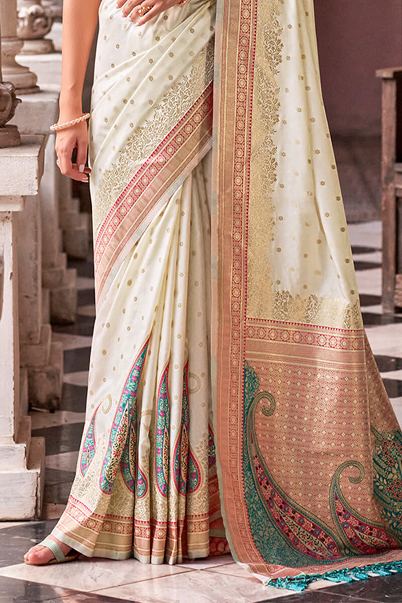 Demure Off White Soft Banarasi Silk Saree With Palimpsest Blouse Piece