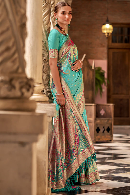 Devastating Firozi Soft Banarasi Silk Saree With Gratifying Blouse Piece