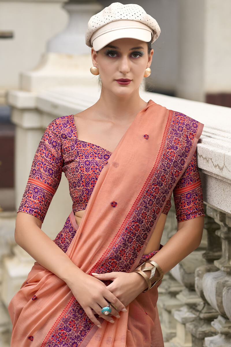 Gossamer Peach Cotton Silk Saree With Fragrant Blouse Piece