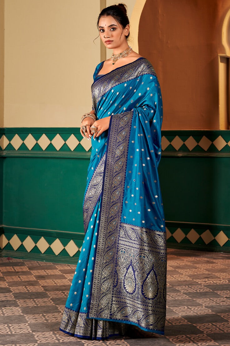 Brood Blue Soft Banarasi Silk Saree With Ebullience Blouse Piece