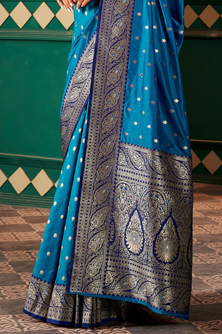 Brood Blue Soft Banarasi Silk Saree With Ebullience Blouse Piece