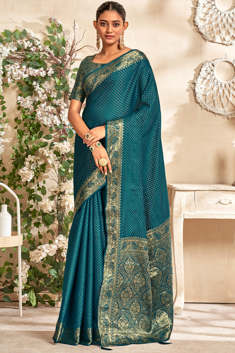 Gossamer Rama Soft Banarasi Silk Saree With Ailurophile Blouse Piece