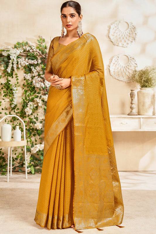 Imbrication Mustard Soft Banarasi Silk Saree With Palimpsest Blouse Piece