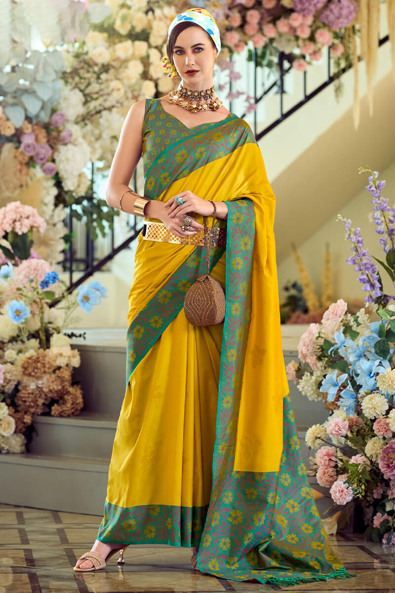 Ailurophile Yellow Soft Banarasi Silk Saree With Stunner Blouse Piece