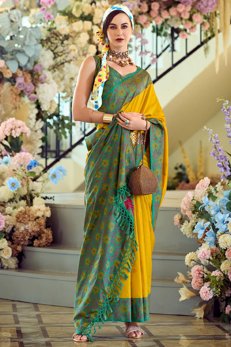 Ailurophile Yellow Soft Banarasi Silk Saree With Stunner Blouse Piece