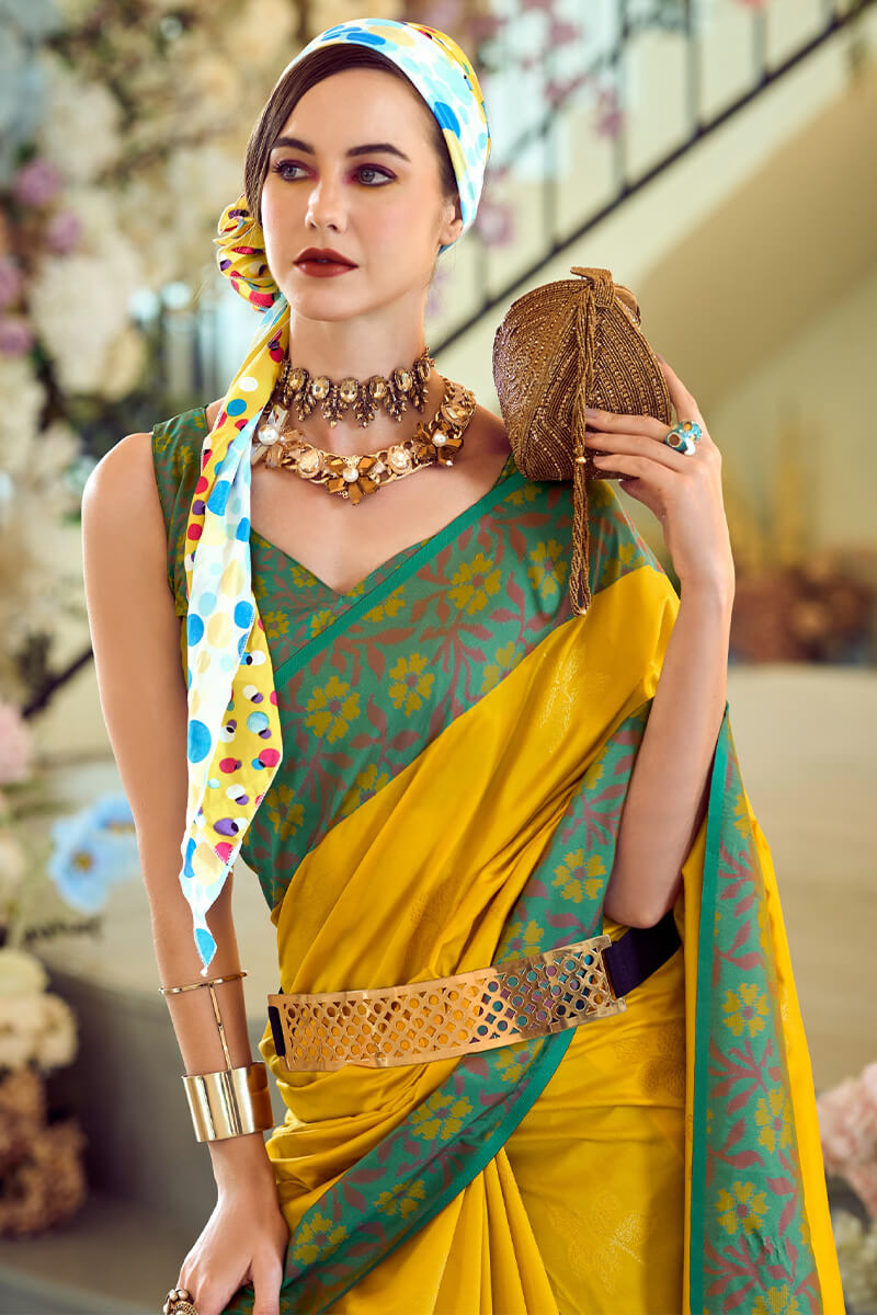 Ailurophile Yellow Soft Banarasi Silk Saree With Stunner Blouse Piece