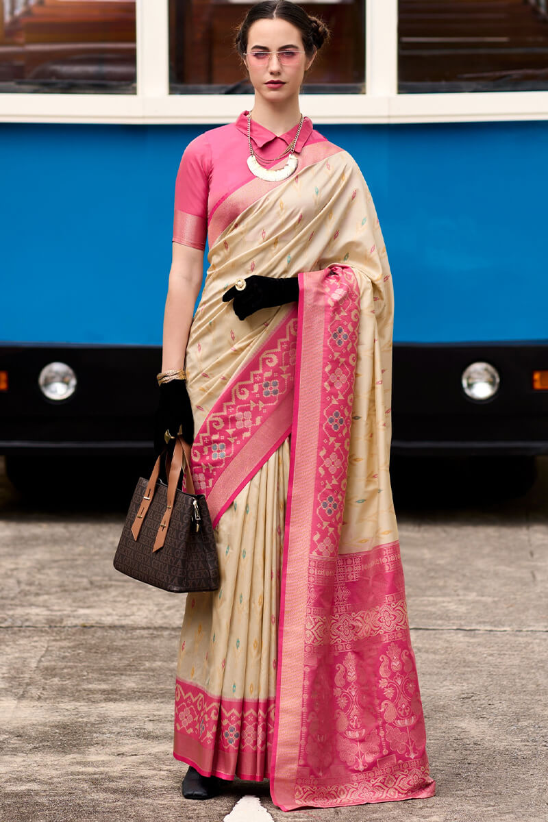 Beleaguer Beige Soft Banarasi Silk Saree With Moiety Blouse Piece