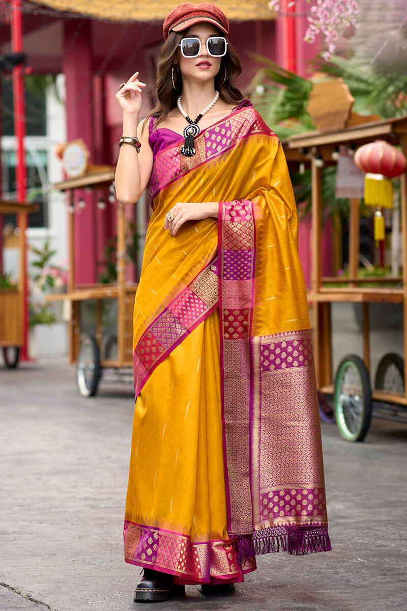 Lovely Yellow Soft Banarasi Silk Saree With Flaunt Blouse Piece