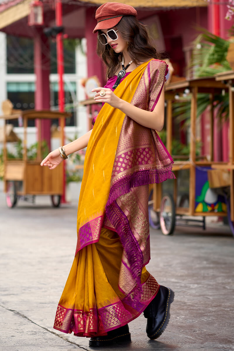 Lovely Yellow Soft Banarasi Silk Saree With Flaunt Blouse Piece