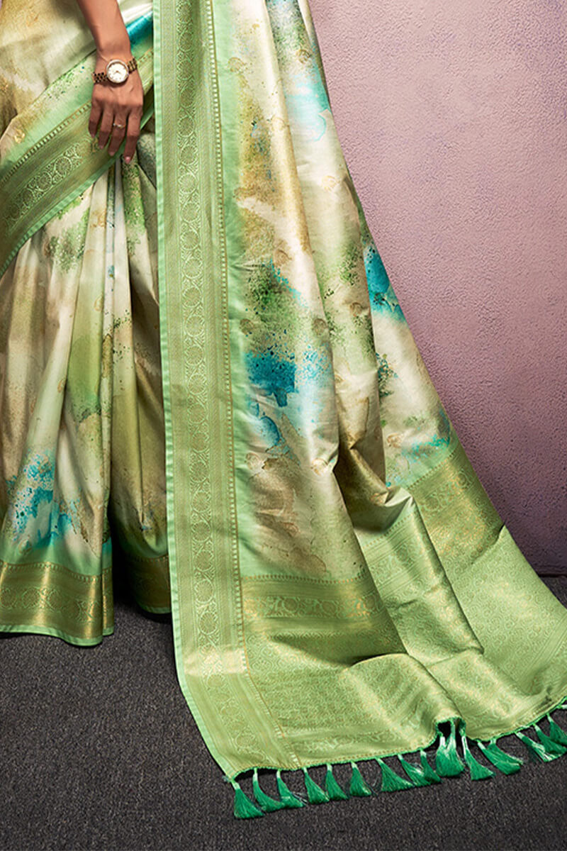 Exquisite Pista Digital Printed Soft Silk Saree With Excellent Blouse Piece