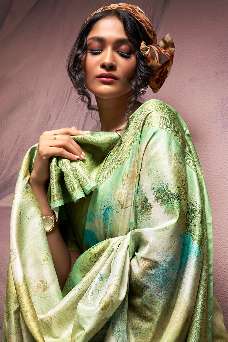 Exquisite Pista Digital Printed Soft Silk Saree With Excellent Blouse Piece