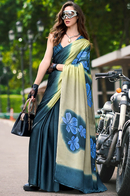 Extraordinary Dark Green Digital Printed Satin Silk Saree With Lovely Blouse Piece