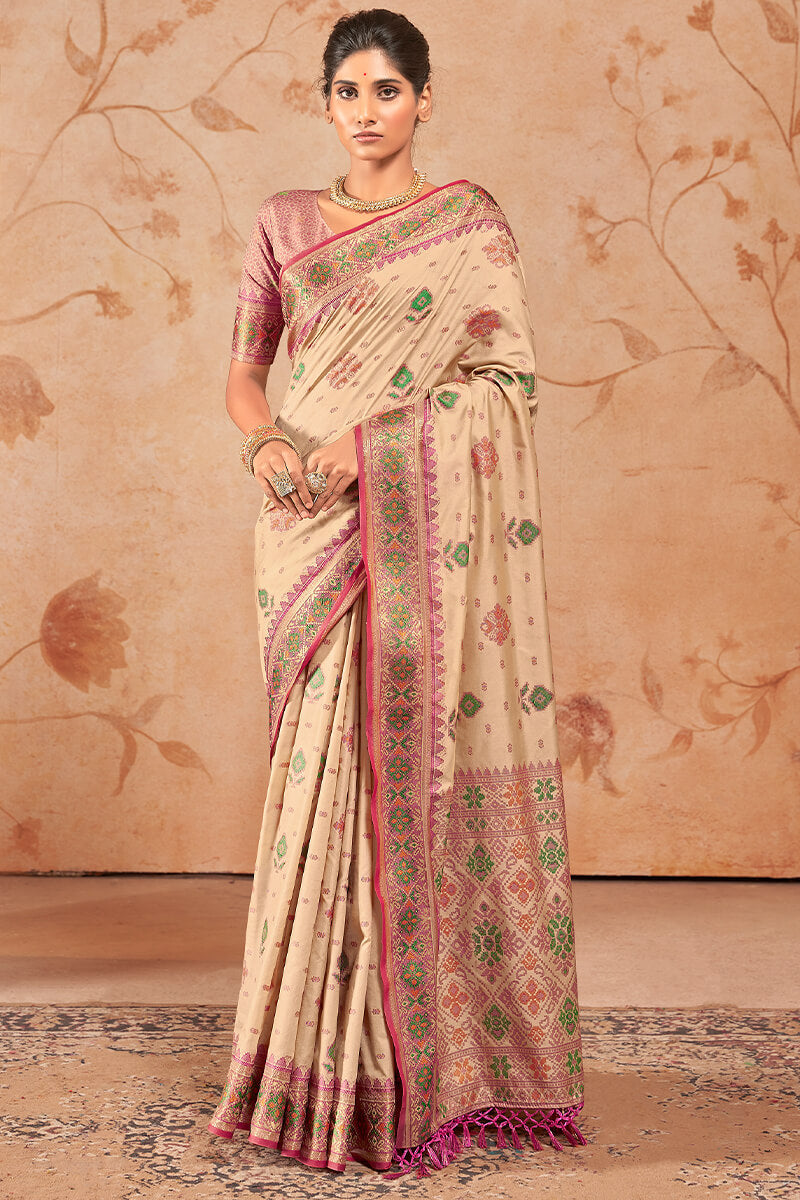 Dissemble Beige Soft Banarasi Silk Saree With Evanescent Blouse Piece