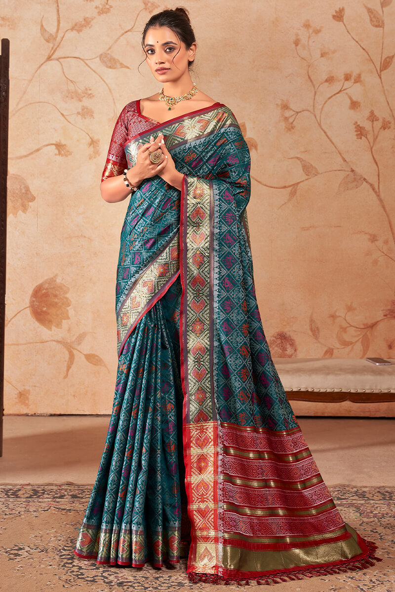 Incredible Teal Blue Soft Banarasi Silk Saree With Symmetrical Blouse Piece