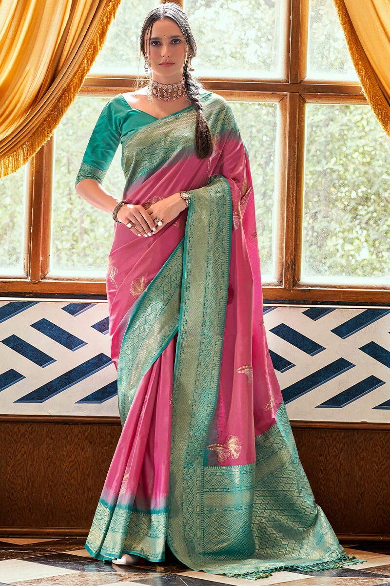 Embrocation Pink Soft Banarasi Silk Saree With Murmurous Blouse Piece