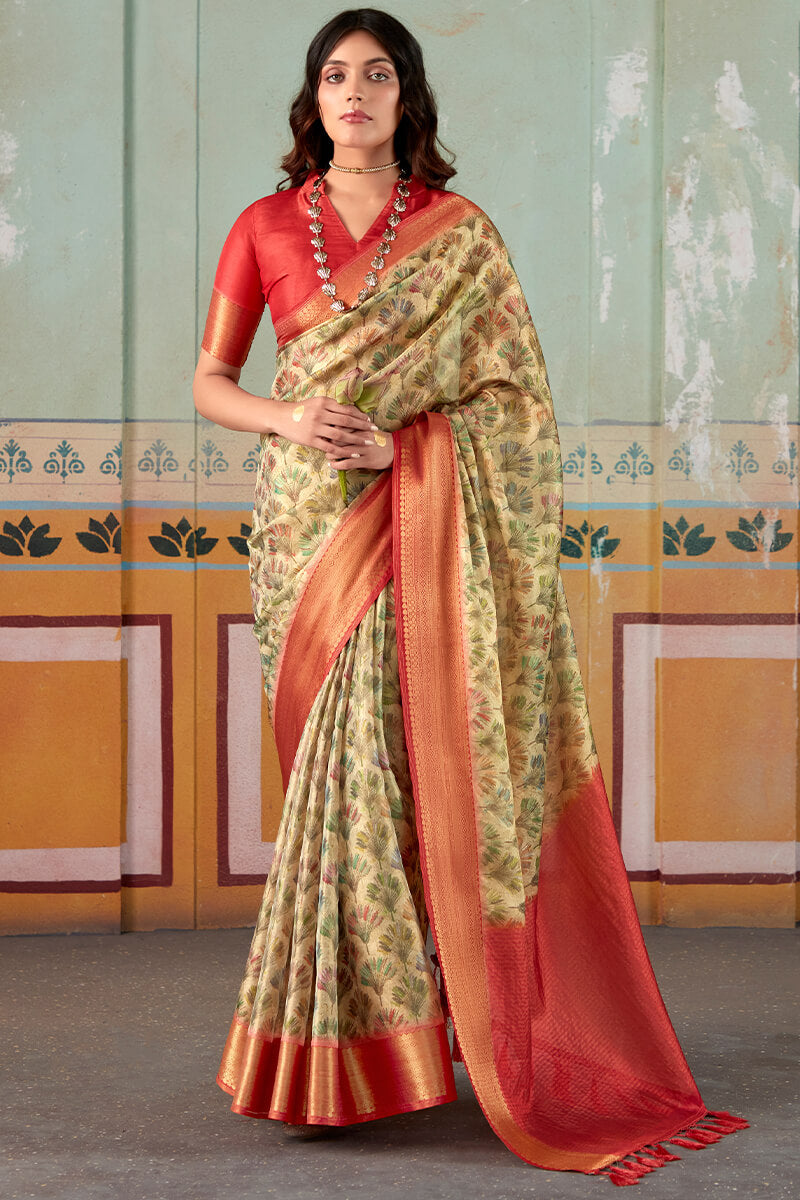 Exquisite Beige Digital Printed Soft Silk Saree With Dalliance Blouse Piece