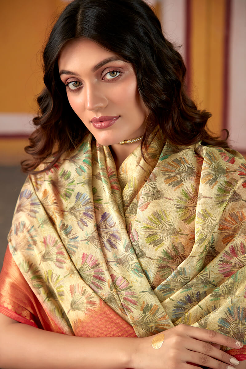 Exquisite Beige Digital Printed Soft Silk Saree With Dalliance Blouse Piece