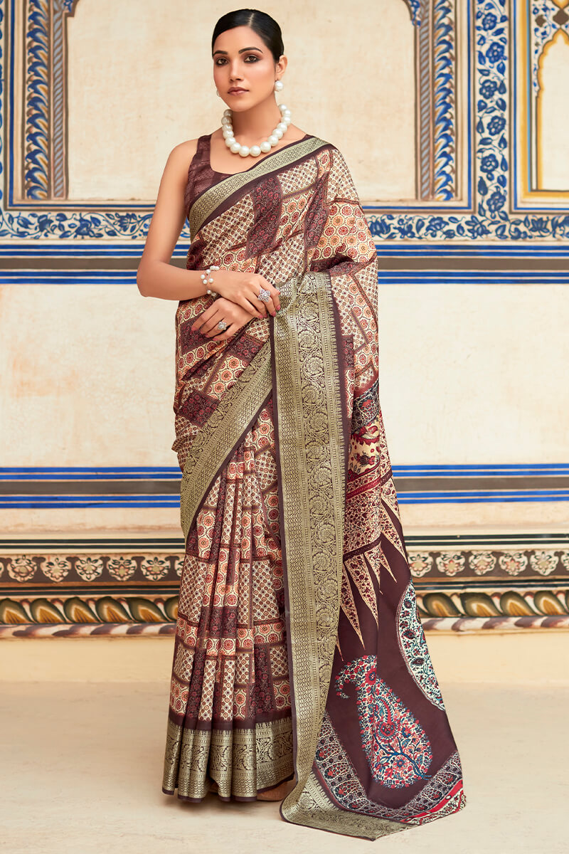 Gratifying Wine Digital Printed Dola Silk Saree With Supernal Blouse Piece