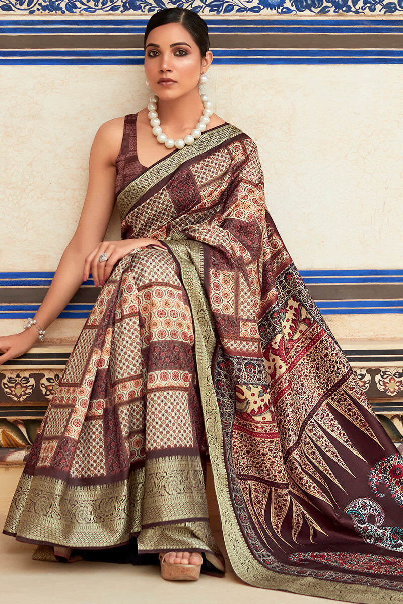 Gratifying Wine Digital Printed Dola Silk Saree With Supernal Blouse Piece