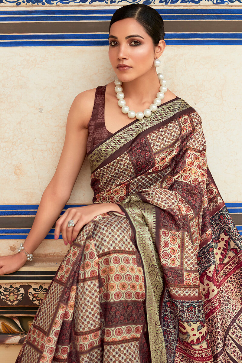 Gratifying Wine Digital Printed Dola Silk Saree With Supernal Blouse Piece