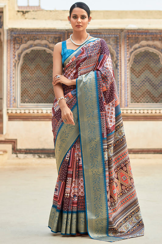 Gratifying Wine Digital Printed Dola Silk Saree With Ratatouille Blouse Piece