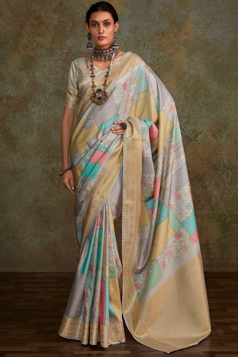 Beauteous Grey Digital Printed Soft Silk Saree With Ailurophile Blouse Piece