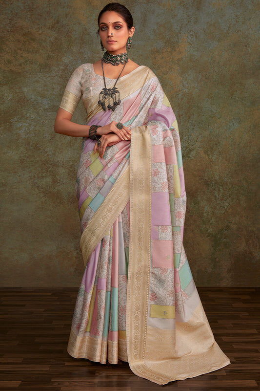 Allure Pink Digital Printed Soft Silk Saree With Zephyr Blouse Piece