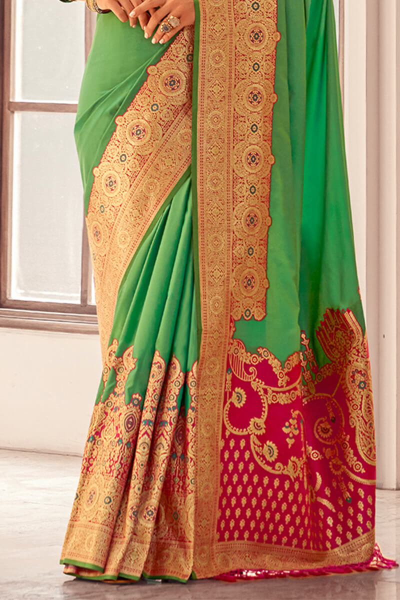 Capricious Sea Green Soft Banarasi Silk Saree With Invaluable Blouse Piece