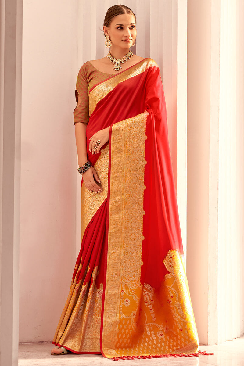 Ethnic Red Soft Banarasi Silk Saree With Mesmeric Blouse Piece