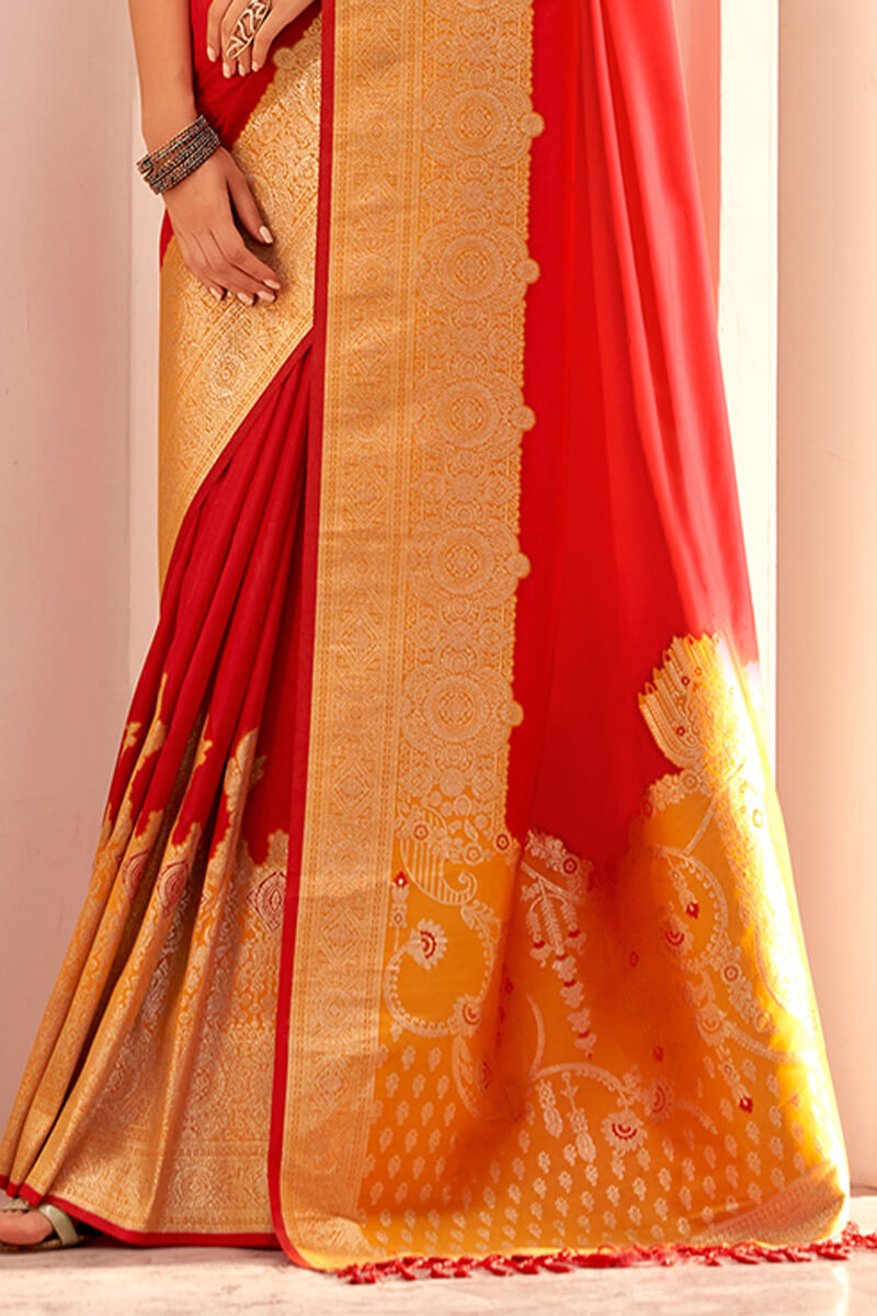 Ethnic Red Soft Banarasi Silk Saree With Mesmeric Blouse Piece