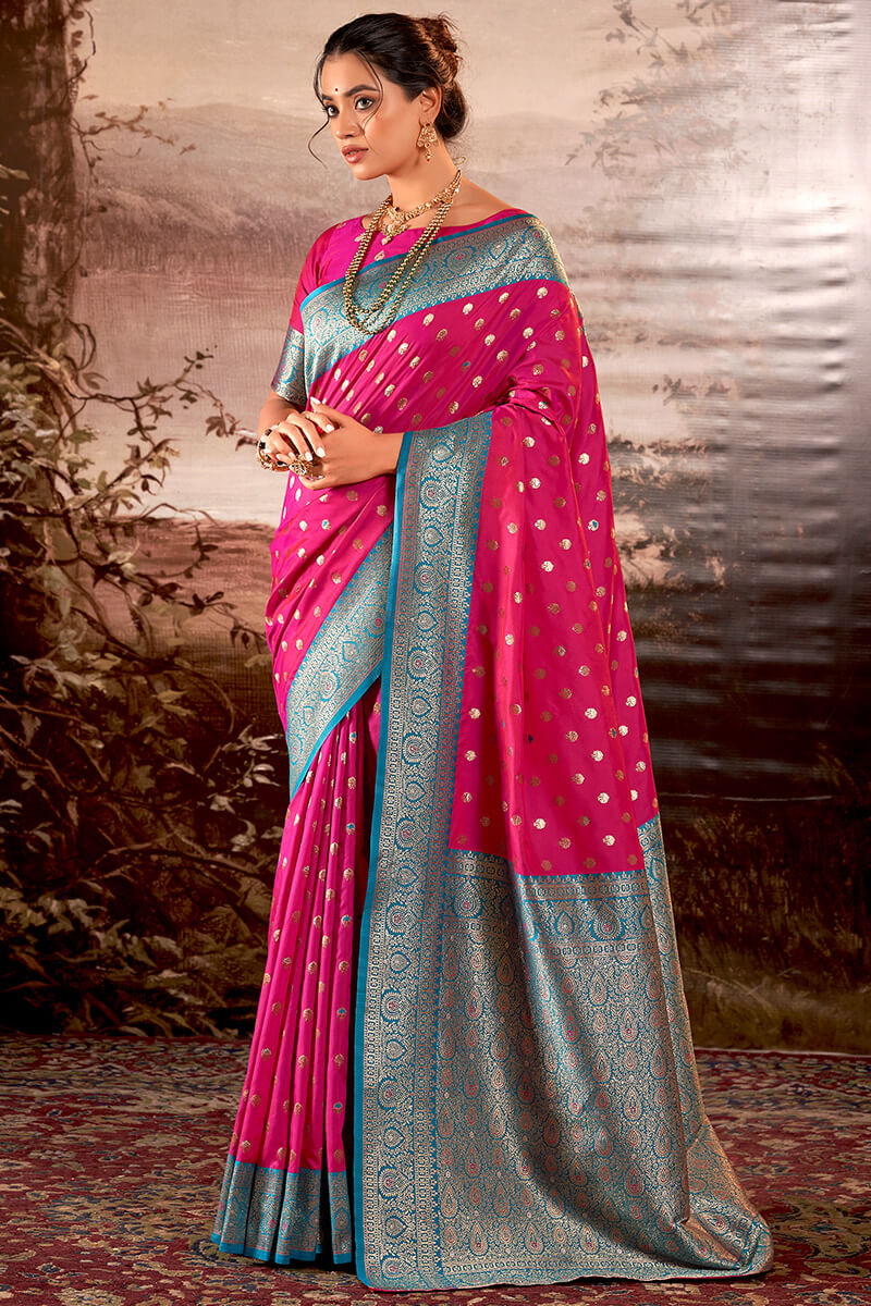 Divine Dark Pink Soft Banarasi Silk Saree With Majesty Blouse Piece