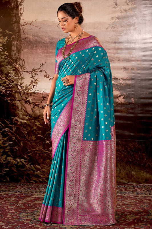 Chatoyant Firozi Soft Banarasi Silk Saree With Effervescent Blouse Piece